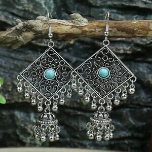NEW Silver Plated Turquoise Earrings Diamond Shape Marcasite Ethnic Western Boho